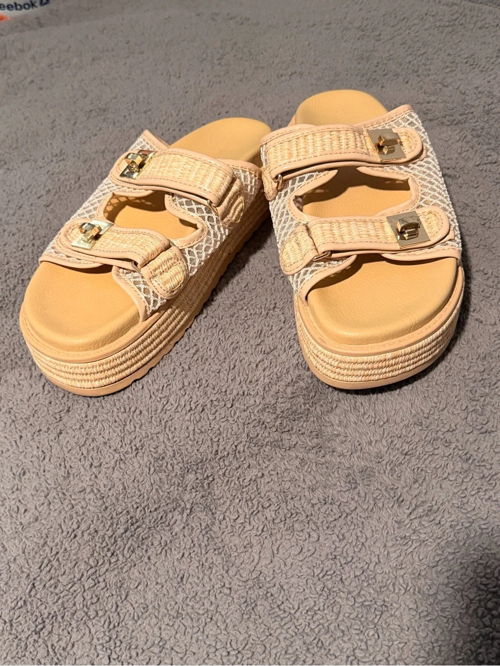 Woven Double-Strap Platform Slides in Neutral Beige